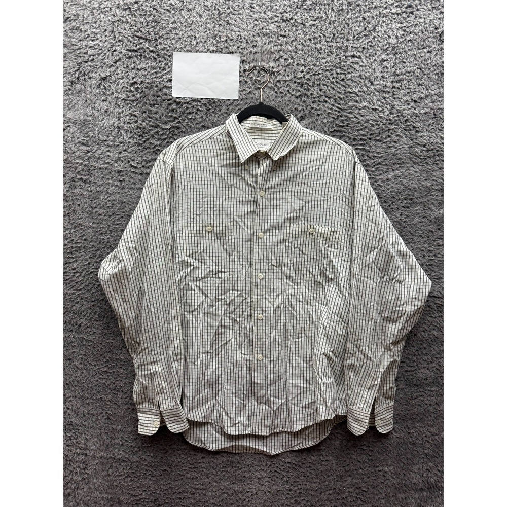 Yves Saint Laurent YSL Check Long-Sleeve Button-Up Shirt Off-White Mens Size L